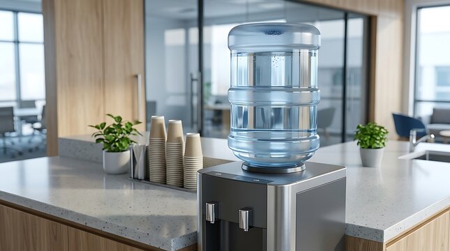 Large water cooler bottle on a dispenser stand with a stack of paper cups in a modern bright office kitchen area showing a clean professional workspace environment. 5 gallon water bottles