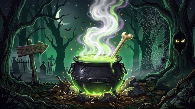 Bubbling witch cauldron with green magic potion glows intensely inside a dark haunted forest at night