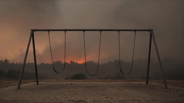 Cinematic Climate Disaster Concept Featuring Empty Swing in Barren Playground Beneath Smoky Orange Sky, Distant Forest Fire, Isolation, Loneliness, Environmental Danger, and Ecological Loss