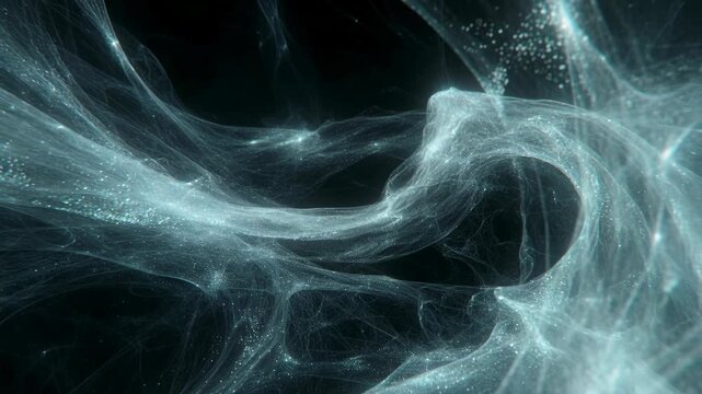 Glowing translucent waves and threads form an abstract digital texture on a dark background, suggesting fluid energy and motion
