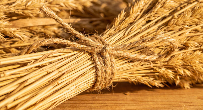Wheat sheaf tied with twine closeup photo on wooden table for harvest and farming