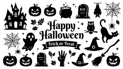 Fototapeta premium Happy Halloween collection of black silhouettes featuring scary spooky icons and festive seasonal holiday design elements