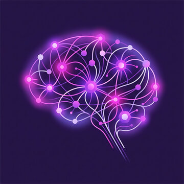 Digital glowing human brain with neural network connections on dark background