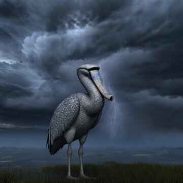 Shoebill bird standing alert in shallow water with dramatic storm clouds forming intense natural background for wildlife conservation marketing