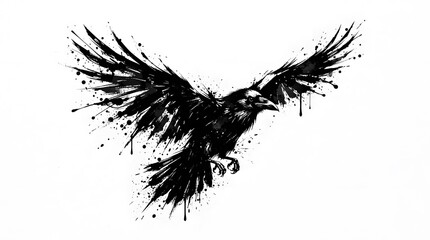 Obraz premium Watercolor ink illustration of a flying raven isolated on white background