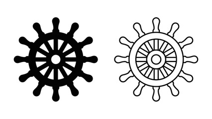 Ship Wheel Icon Set: A black silhouette and a line art illustration of a nautical ship wheel, symbolizing navigation and maritime journeys. © Jannat