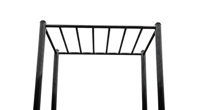Black metal monkey bars structure isolated against a plain white background for outdoor playground