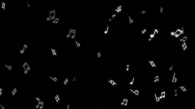 Abstract white musical notes and symbols floating and drifting on a black background