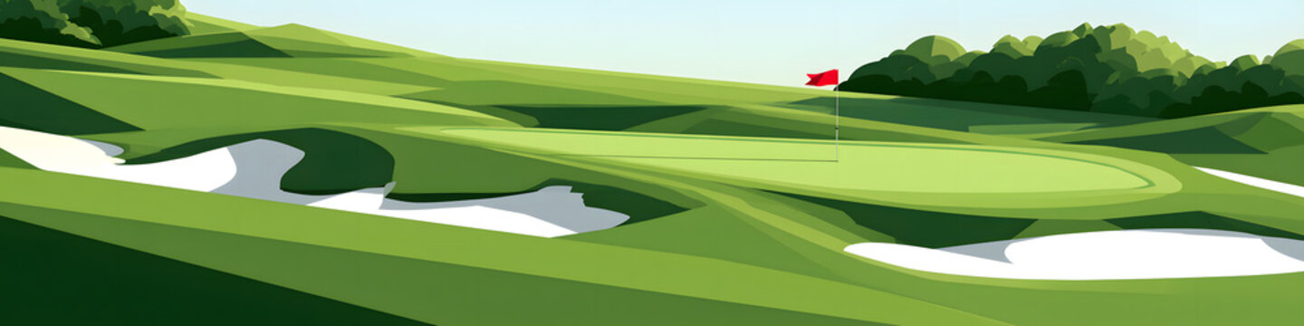 Golf course artwork. A flat design vector image of a golf course featuring bunkers, putting green, and a flag. This golf course design includes placeholder areas for use in golf posters, landing pages