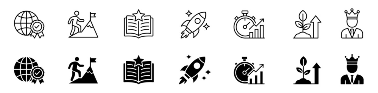Business startup growth leadership success vector line and filled icon set