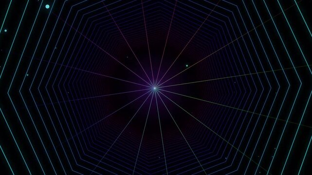 Continuous forward motion through an abstract geometric wireframe tunnel with glowing neon lines and color-shifting octagonal grids in a dark space.