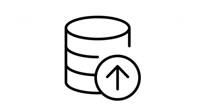 Animated monochrome database icon with upload arrow symbol, suitable for web design, app development, and technology presentations. Simple line art for digital projects.