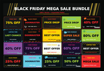 Obraz premium Black friday price drop labels with vibrant neon outlines and shopping cart icons.