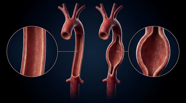 Comparison of a healthy aorta with an aorta affected by an aneurysm, showing the normal and bulged vessel structures.