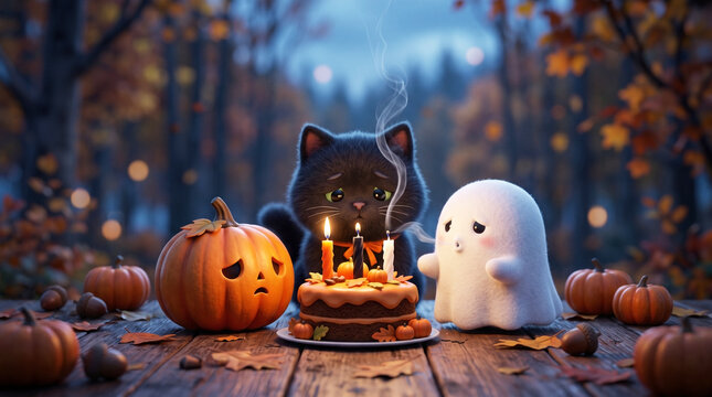 Cute sad cat ghost and pumpkin celebrating halloween end with cake