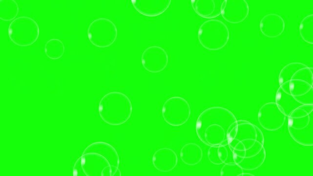A continuous loop of transparent soap bubbles rising and floating across a vibrant green screen background. Clean, simple chroma key footage suitable for overlay effects.
