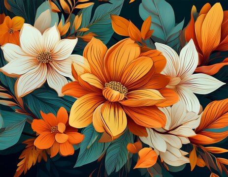 colorful floral pattern featuring vibrant flowers and leaves in shades of yellow orange and white against a dark background