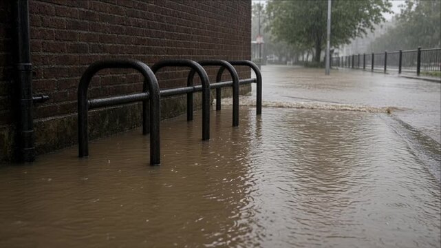 Cinematic urban floodwater and flooding climate disaster during heavy rainfall, rain soaked sidewalk beside brick wall and submerged bicycle rack illustrating severe urban flooding conditions