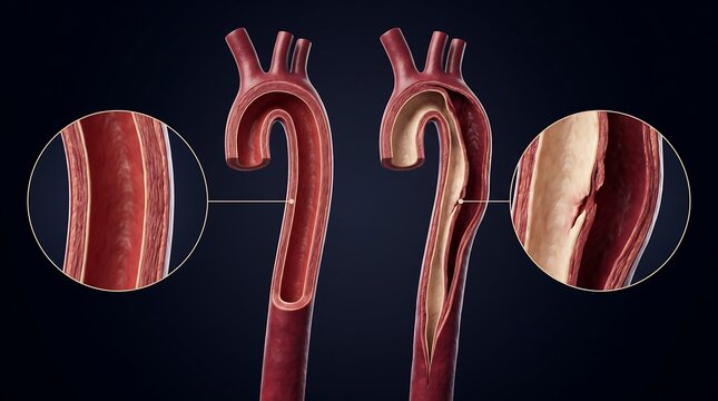 Comparison of healthy aorta with aortic dissection showing a tear in the inner lining.