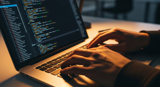 Hands typing code on laptop keyboard at desk