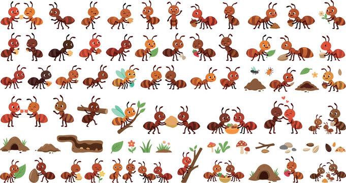 Vector cartoon ant characters collection featuring cute worker ants in various poses anthills and nature elements