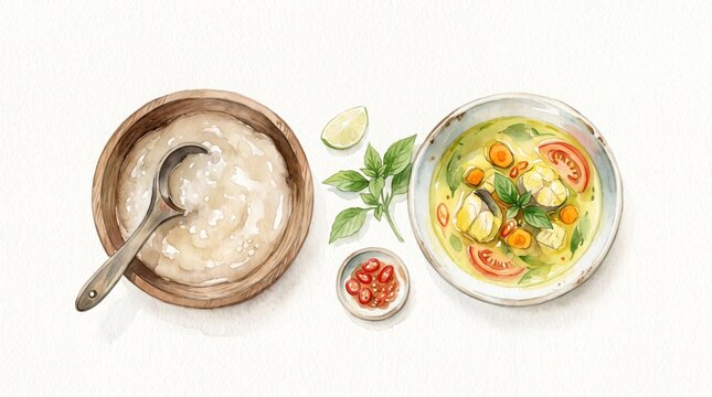 Watercolor illustration of papeda with yellow fish soup, sago porridge in bowl, Eastern Indonesian traditional dish, soft pale tones, white background, no border, no frame, gentle brush strokes