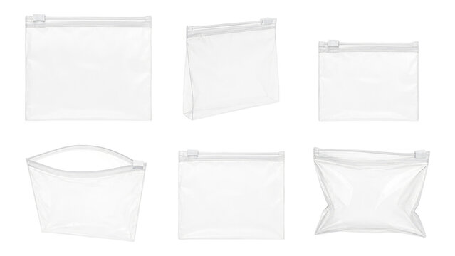 Clear resealable plastic zipper bags in assorted sizes displayed on a transparent background
