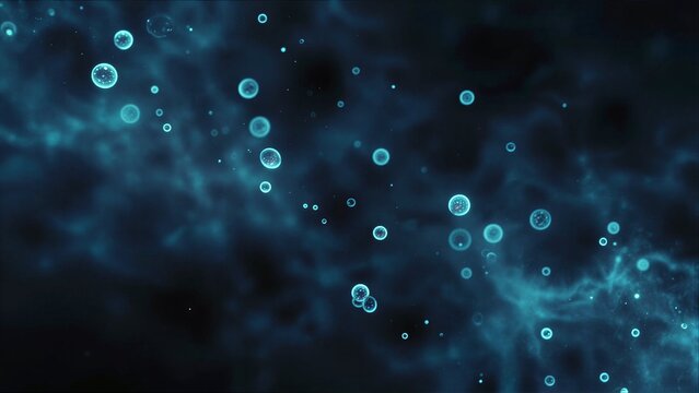 Astronomical swirl of glowing blue bubbles and particles in deep space.