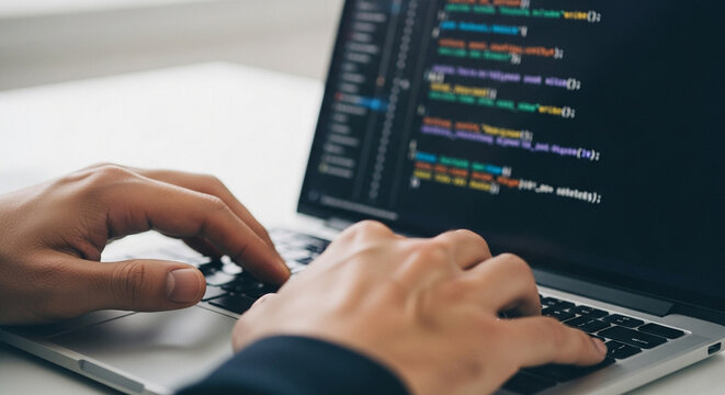 Hands typing code on laptop keyboard close up view