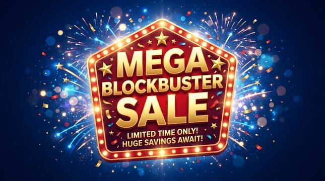 Mega blockbuster sale promotional banner with fireworks