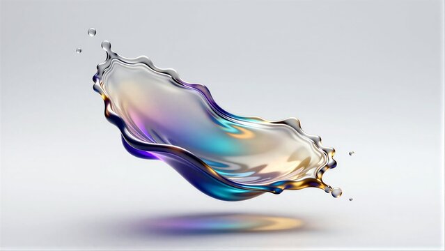 A vibrant, iridescent liquid splash frozen in mid-air against a minimalist white background.