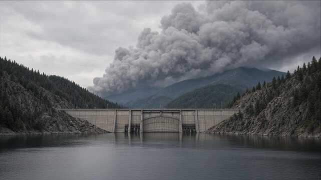 Cinematic Climate Disaster Showing Concrete Dam Reservoir Beneath Towering Volcanic Ash Cloud Over Dark Conifer Forest Mountain Ridge Under Overcast Sky