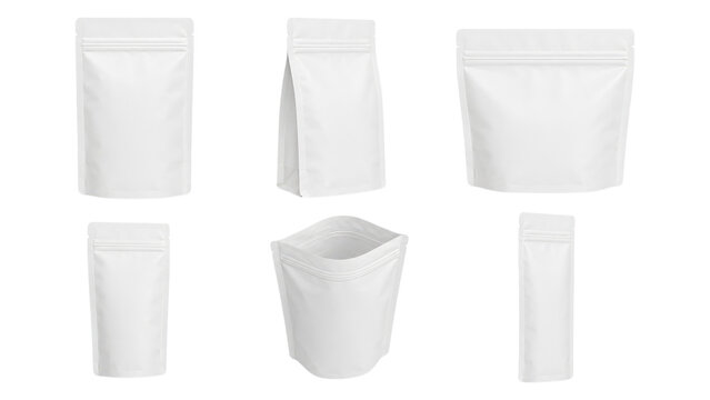 White resealable stand-up pouch mockups in multiple sizes and views, blank packaging for product labeling, branding, and packaging design
