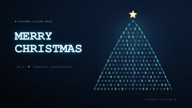 Digital Christmas tree made of binary code with glowing star on dark blue background