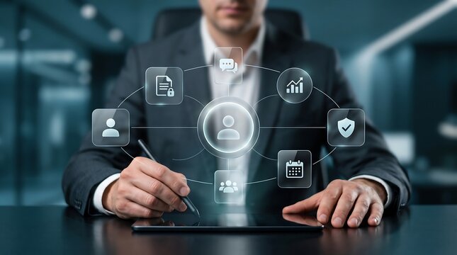 Business executive using digital tablet with holographic network interface and security icons for centralized user and document management in corporate environment