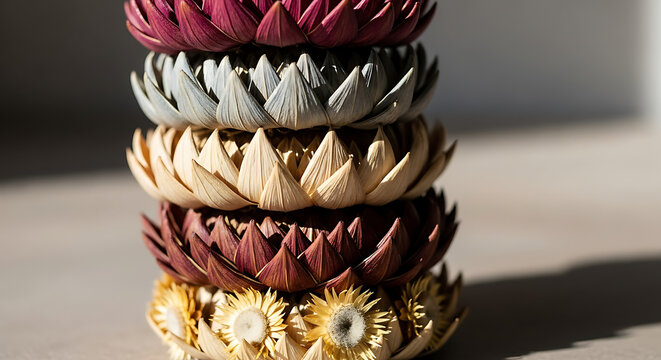 A vertical stack of colorful dried strawflowers arranged on a light neutral surface