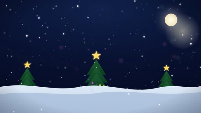 Animated winter night landscape with stylized Christmas trees and falling snow under a full moon