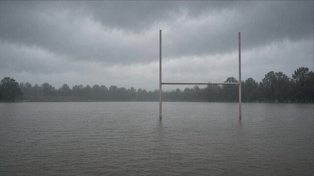 Cinematic Climate Disaster Flood Storm Rainwater Submersion Across Sports Field, Submerged Goalpost Beneath Dark Cloudscape, Rising Water and Environmental Vulnerability in Rural Landscape