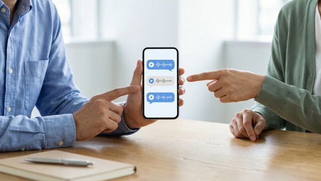 スマートフォンの画面を指して打ち合わせるオフィスカジュアルの二人の手元
