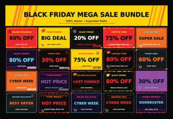 Obraz premium Professional vector black friday mega sale bundle with versatile discount badges.