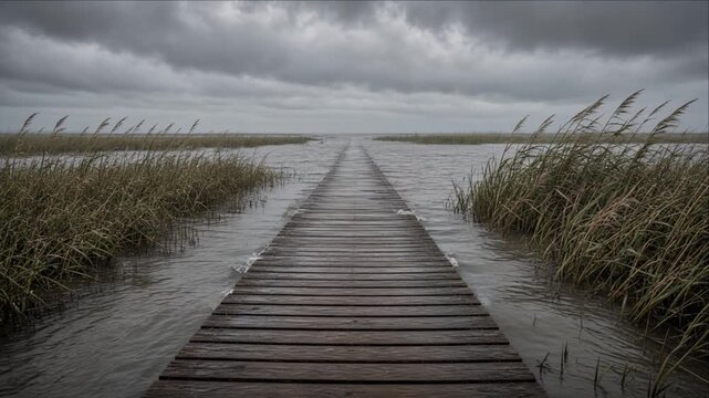 Cinematic Wooden Boardwalk Across Reed Marsh and Flooded Wetland Under Dark Storm Clouds, Gray Water, Climate Disaster Concept, Dramatic Isolated Landscape, Quiet Tension, Cold Horizon