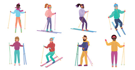 Fototapeta premium Group of diverse men and women skiing in colorful winter outfits, holding ski poles, enjoying outdoor snow activities, active lifestyle, winter sports, vector illustration