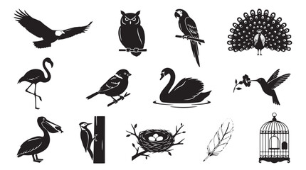 Fototapeta premium Set of black bird silhouettes including eagle owl parrot peacock flamingo swan hummingbird pelican woodpecker nest feather and birdcage for wildlife design elements on transparent background