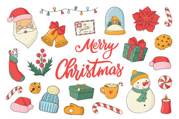 Obraz premium Christmas colorful doodles collection for prints, cards, stickers, holiday decor, etc. Whimsical set of cartoon elements. EPS 10