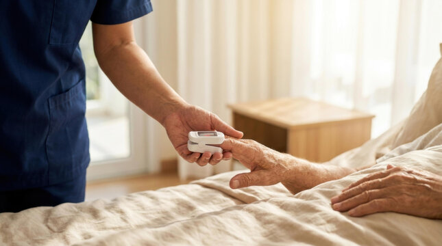 Pulse oximeter medical check on hand in home care scene with calm recovery mood