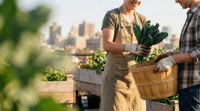 Rooftop urban harvest sustainable organic garden fresh leafy harvest city skyline