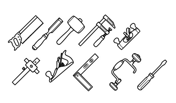 Wood Joinery Tools Thin Line Vector Set
