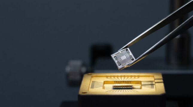 Microelectromechanical device gyroscope chip die placement precision tweezers micro sensor silicon chip laboratory setup electronics assembly