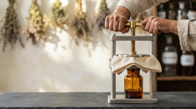 Herbal tincture linen press squeeze traditional hex amber glass bottle