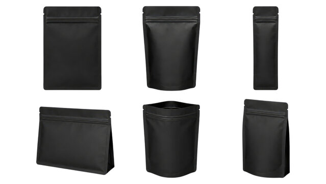 Six black matte resealable pouch packaging variants shown on a transparent background for product and packaging mockups